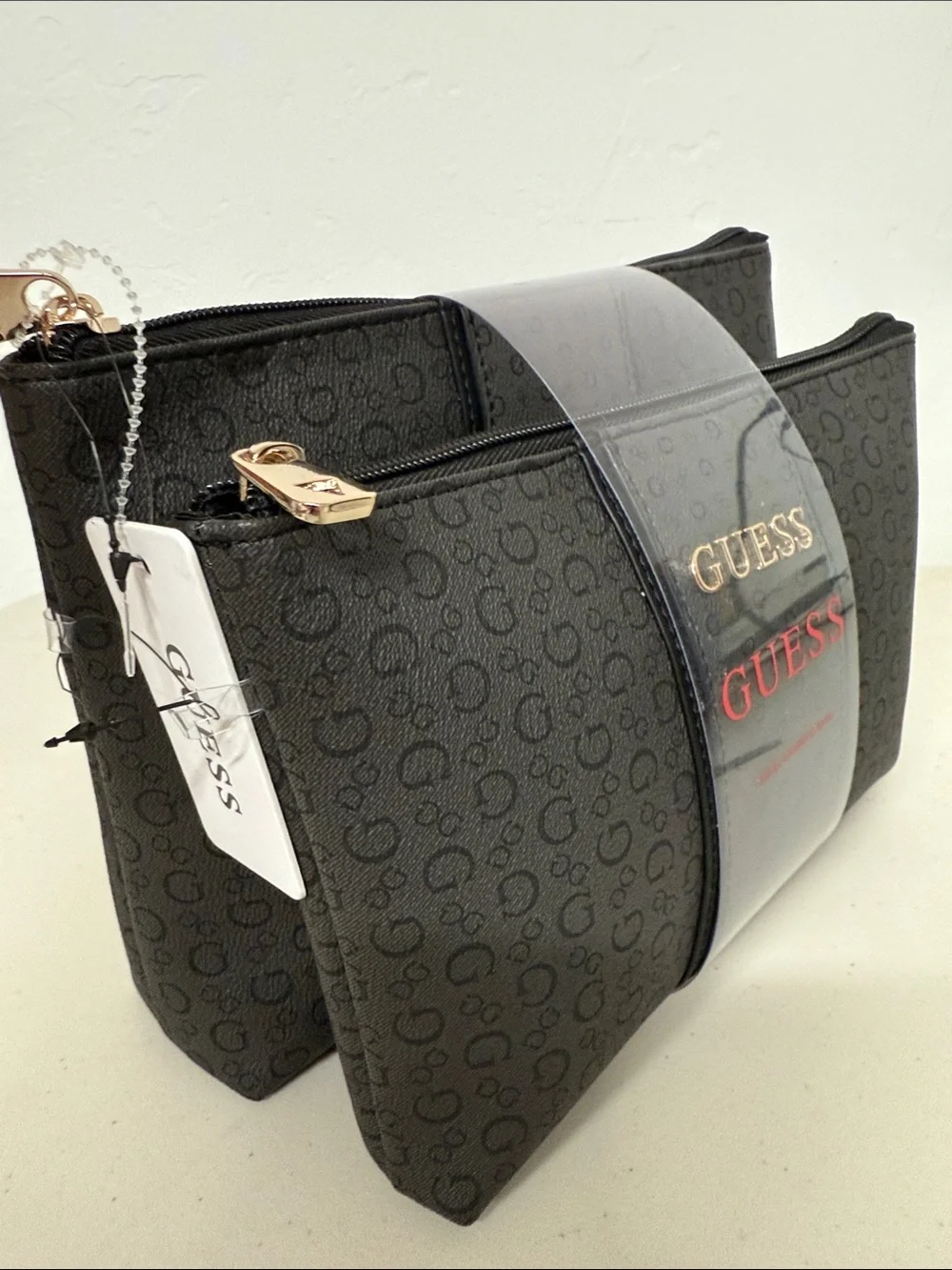 Guess Embossed Cosmetic Pouch Bag 2 pcs Set Full Zipper Black With Print logo